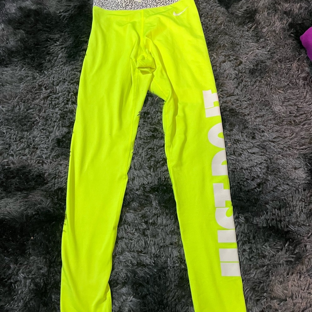 NIKE PRO Leggings Sports Fitness Workout Winter Logo Print XS Neon-Yellow